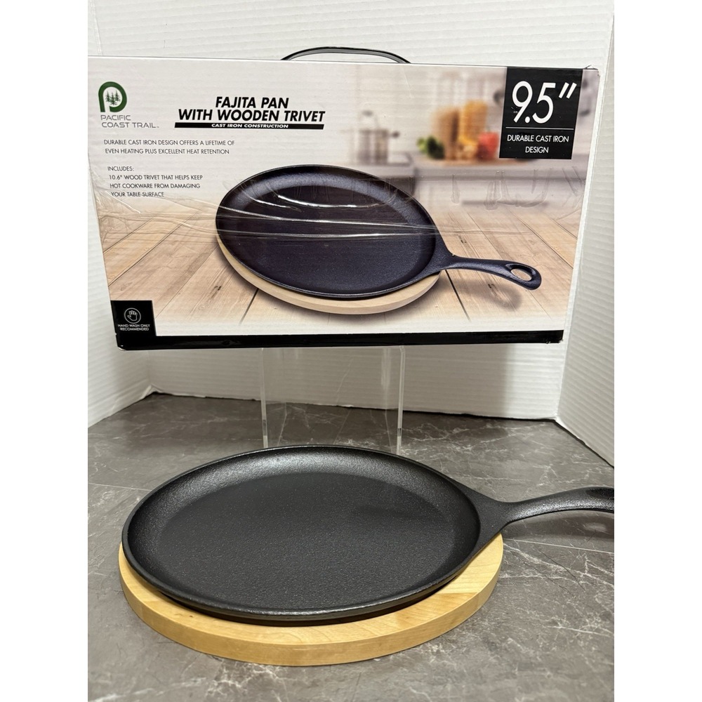 Pacific Coast Trail Cast Iron Pre-Seasoned 9.5" Fajita Pan/Trivet Long Handle